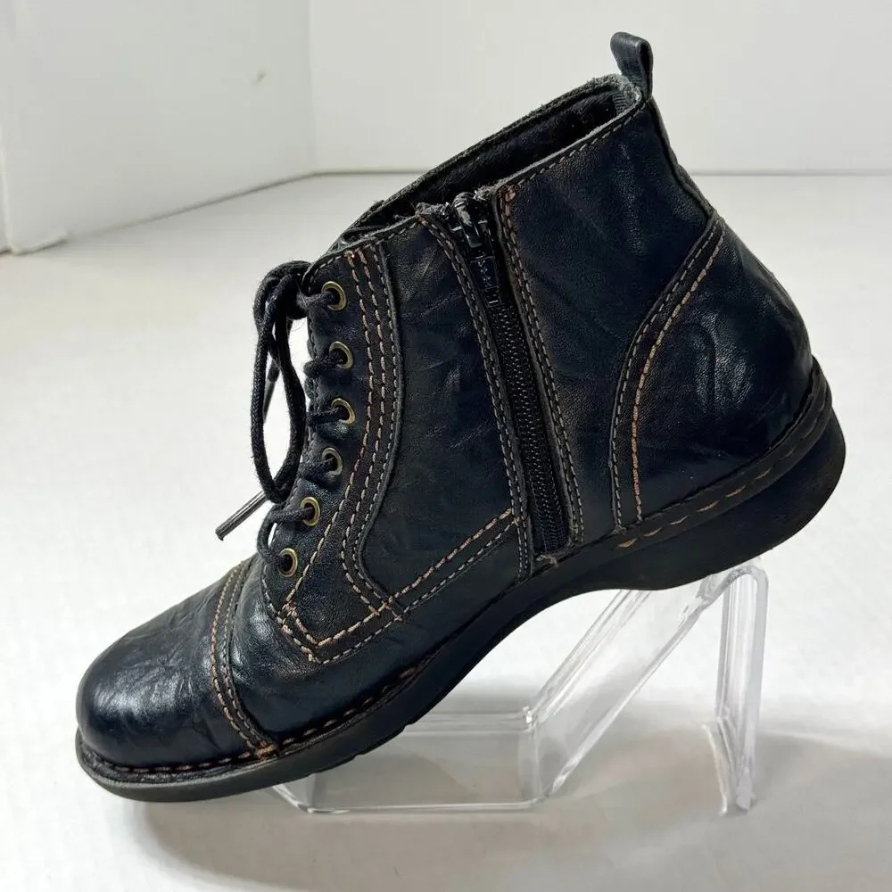 Clarks Leather Ankle Boots Lace Up Side Zip Wedge W6 Black